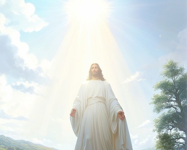 Serene figure in white robe under radiant light