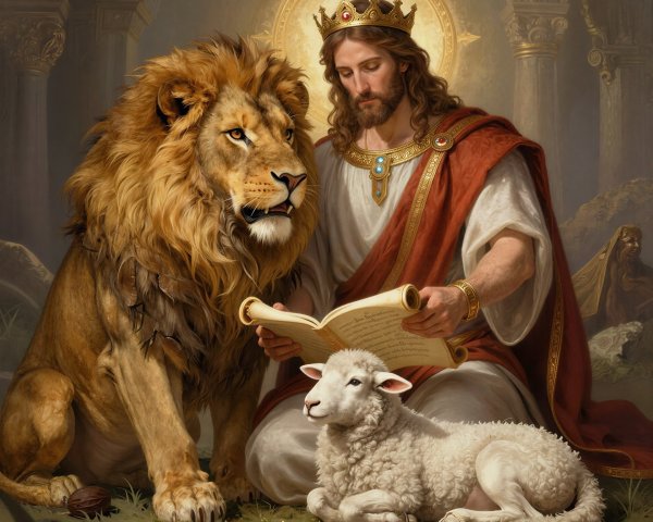Jesus, a lion, and a lamb with an open ancient book