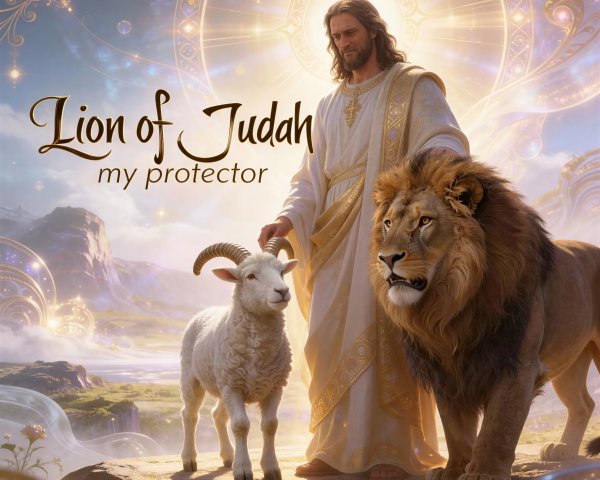 Jesus in White Robe with Lamb and Lion in Landscape