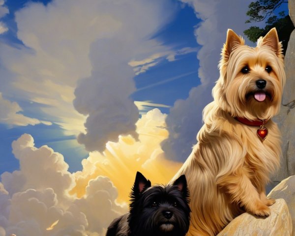 Dogs on Rocky Outcrop with Dramatic Clouds and Sunlight