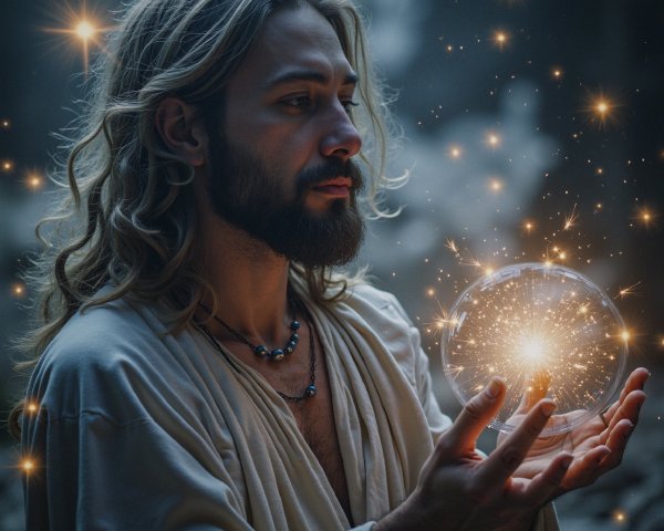 Serene figure in mystical forest with glowing orb