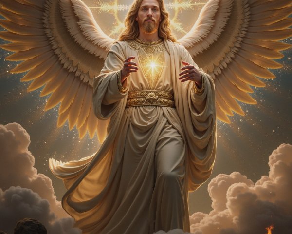 Majestic angel with feathered wings and glowing heart