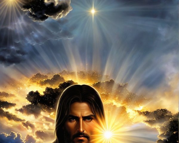 Serene figure in dramatic sky with celestial bodies