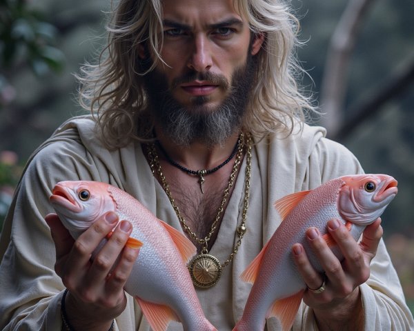 Man with Long Hair Holding Two Pink Fish Outdoors