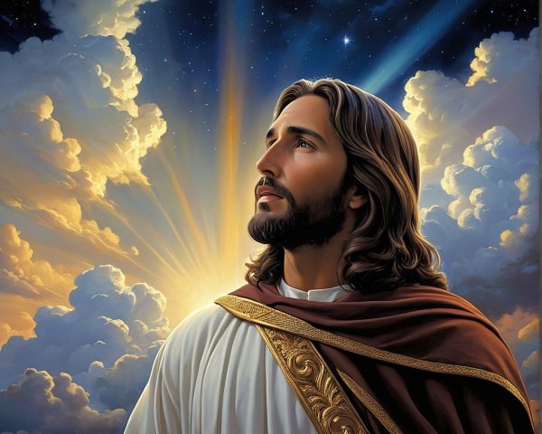 Serene Man in White Robe with Heavenly Background