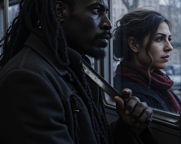 Bus Scene with Two Individuals in Tense Atmosphere