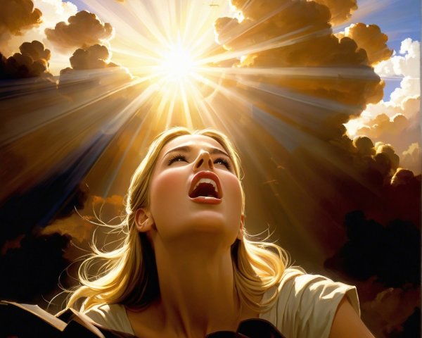 Woman in Awe Under Rays of Light and Dark Clouds