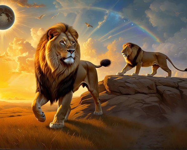 Lions on Rocky Outcrop at Sunset with Rainbow