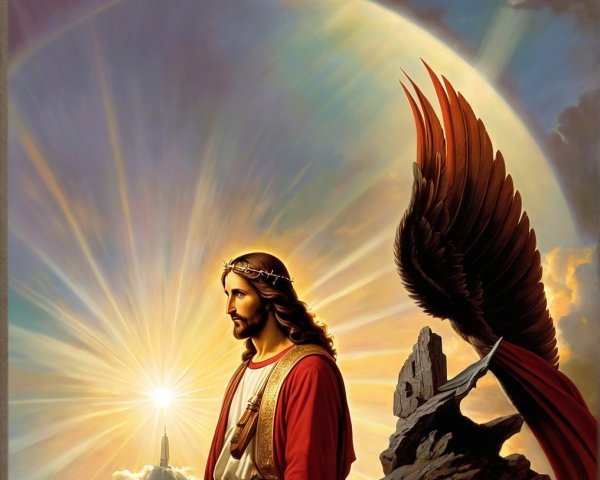 Divine Figure and Angel Against Vibrant Sky