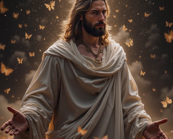 Serene figure in pale robes surrounded by butterflies
