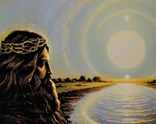 Large-scale depiction of Jesus with a surreal landscape