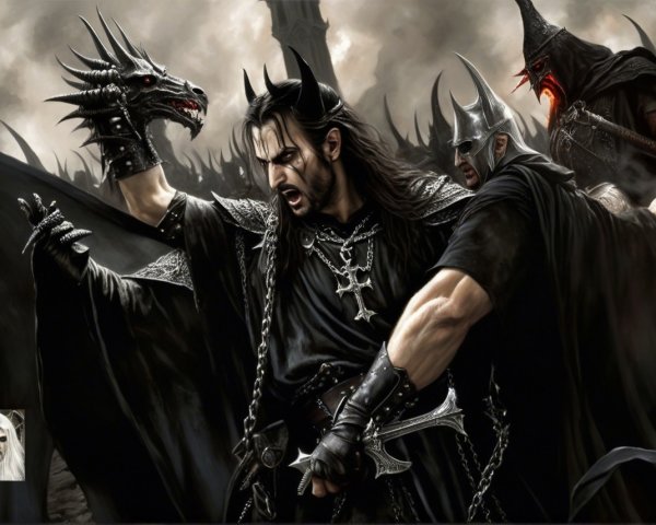 Dark Fantasy Scene with Warrior in Black Armor