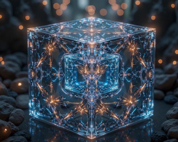 Translucent Cube with Glowing Light in Dim Environment