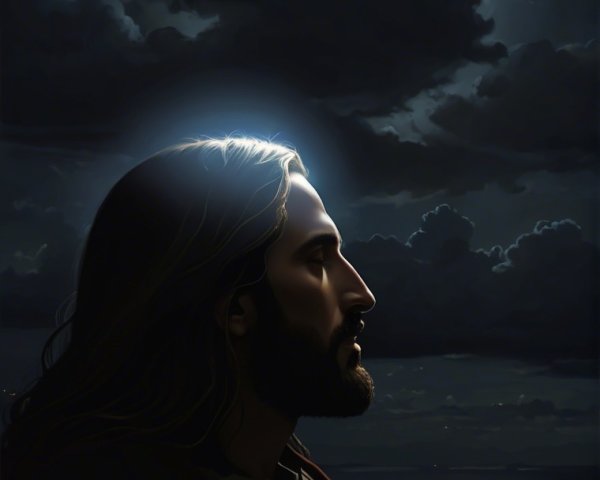 Profile of a Serene Figure with Halo and Dark Clouds