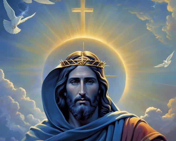 Jesus Christ Figure with Crown and Doves in Clouds