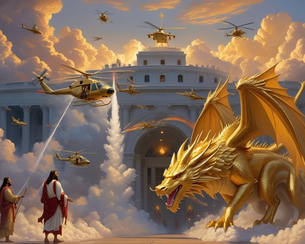 Two figures resembling Jesus Christ with helicopters and clouds