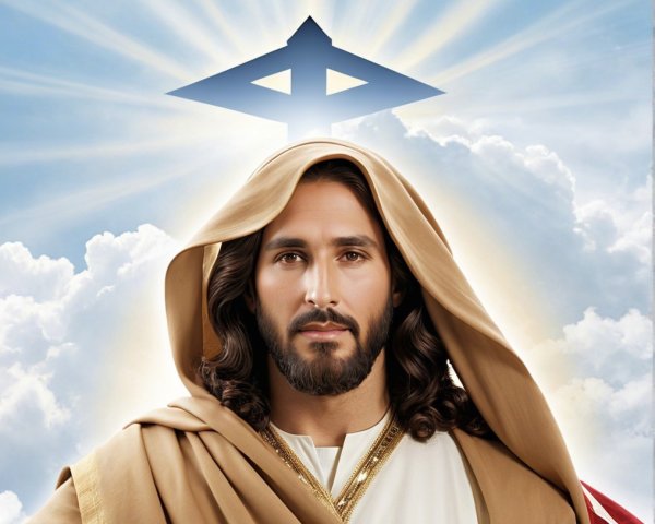 Serene figure in robes with radiant light and symbol