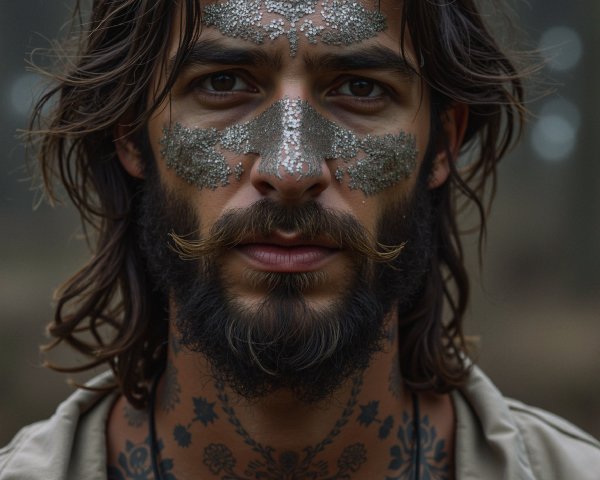 Man with Long Hair and Intricate Tattoos in Nature