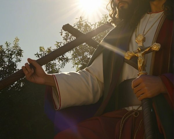 Jesus Christ Figure with Cross and Sword in Sunlight
