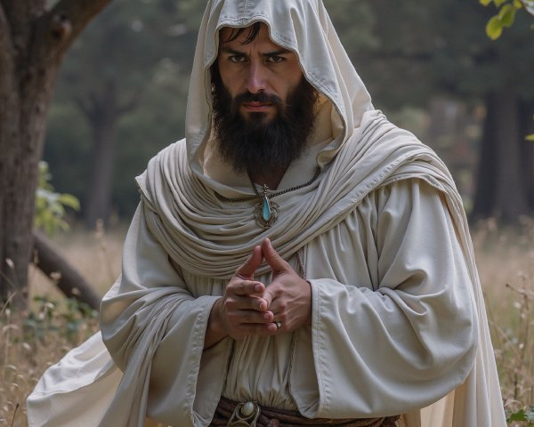 Mysterious Figure in White Robe in Serene Forest