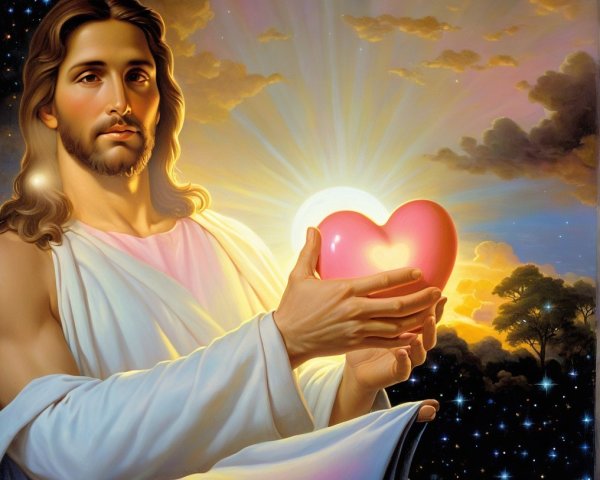 Serene figure holding glowing heart in tranquil landscape