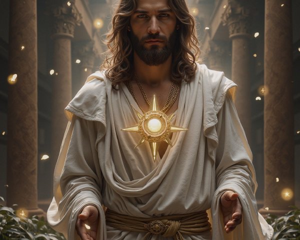 Majestic figure in white robes with radiant sun symbol