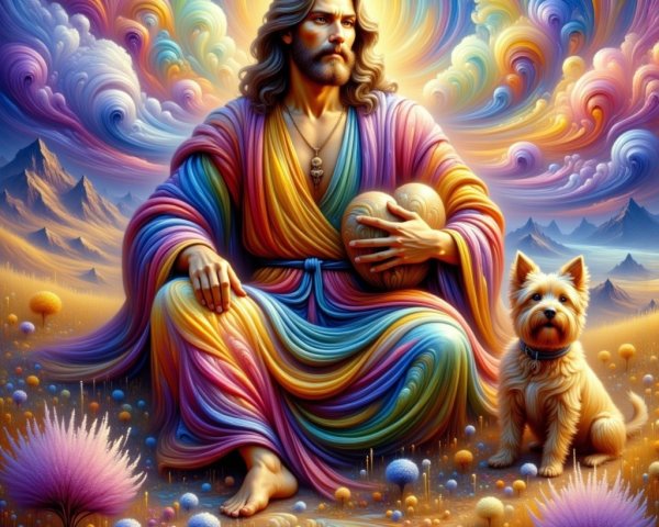 Serene figure in colorful robe with attentive dog
