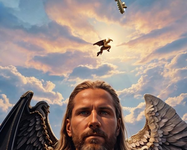Majestic figure with wings and golden key in sky