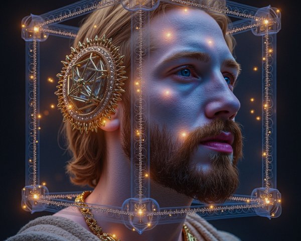 Young man with beard and geometric headpiece illuminated