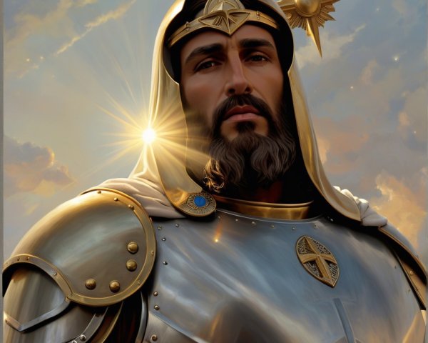 Noble figure in silver armor with celestial background