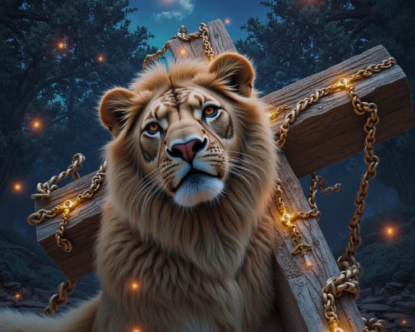 Lion Resting by Glowing Cross in Enchanted Forest