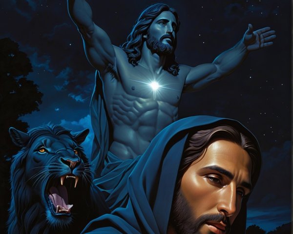 Nighttime Scene with Jesus, Lion, and Starry Sky