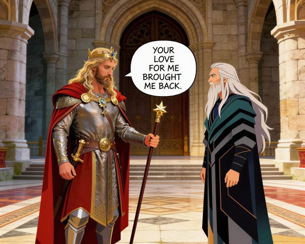 King in Silver Armor Speaks to Grey-Bearded Man