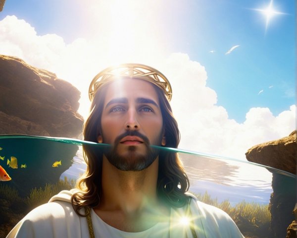 Serene Figure with Halo Effect and Tranquil Landscape