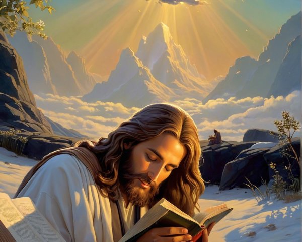 Serene Mountainous Landscape with Spiritual Themes