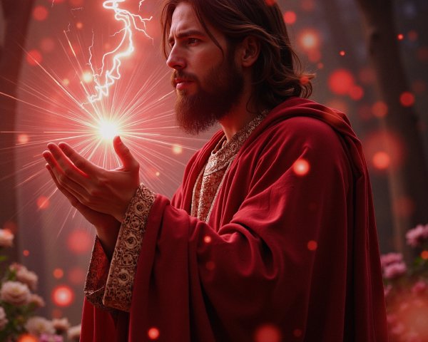 Mystical figure in red robe in enchanted forest setting