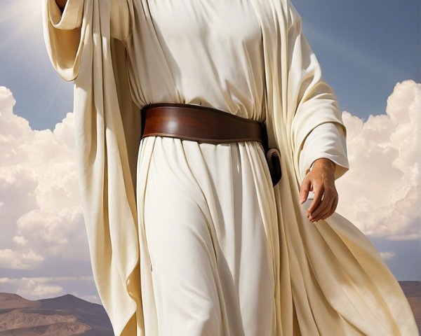 Religious Icon in White Robes Against Dramatic Landscape