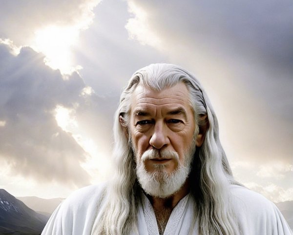 Elderly Man in White Robe Against Dramatic Clouds