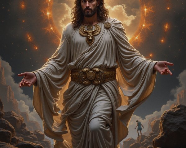 Majestic Figure in Flowing Robes Surrounded by Light