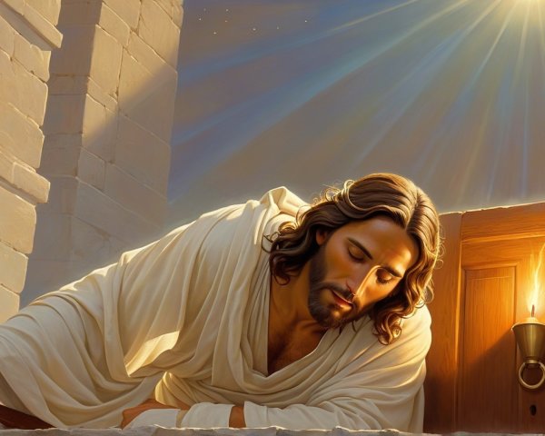 Serene Figure in White Robes in Contemplative Setting