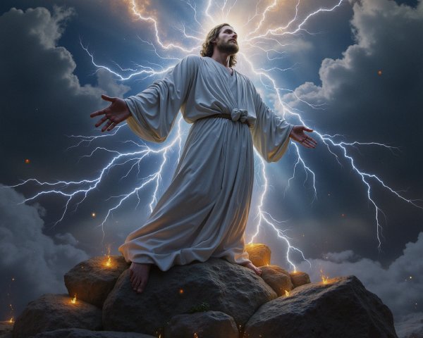 Majestic figure in white robes amidst stormy clouds