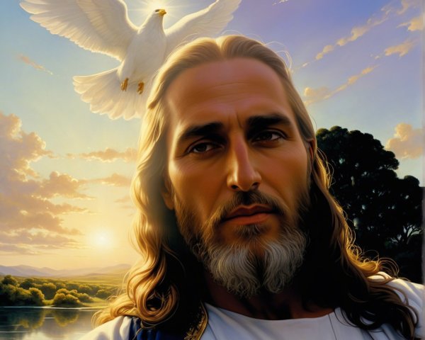 Close-up Portrait of Jesus with Sunset and Dove