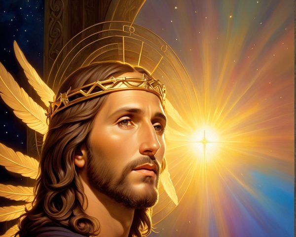 Regal figure with flowing hair and celestial light