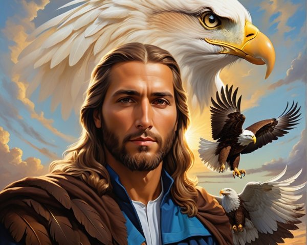 Man with Eagle Head and Vibrant Sky Background