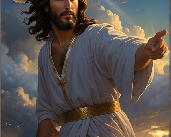 Majestic Figure in White Robes Amidst Celestial Clouds