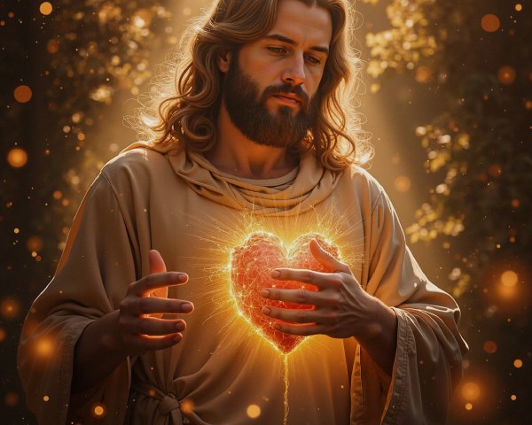 Serene Figure Holding Radiant Heart in Enchanted Forest
