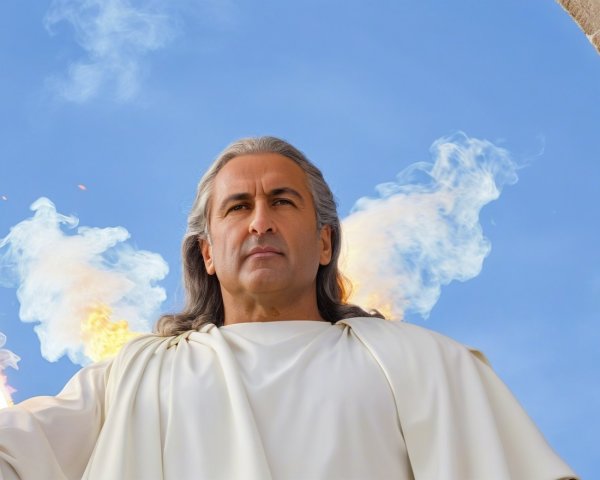 Majestic figure in white robe with ethereal flames
