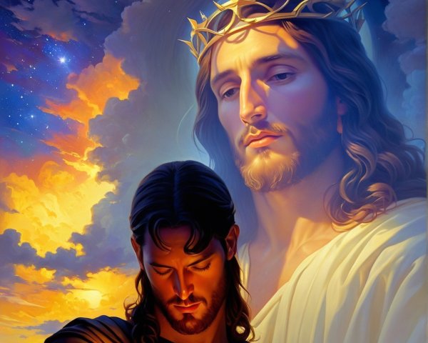 Radiant Figure with Crown of Thorns in Dramatic Sky