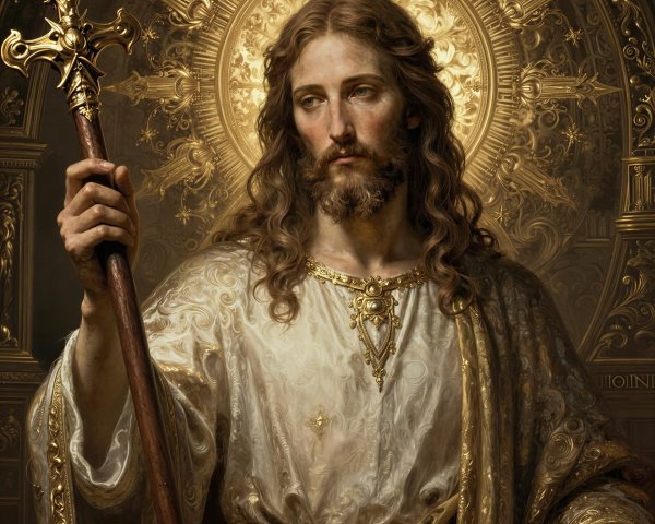 Half-body portrait of a bearded man in robe with halo