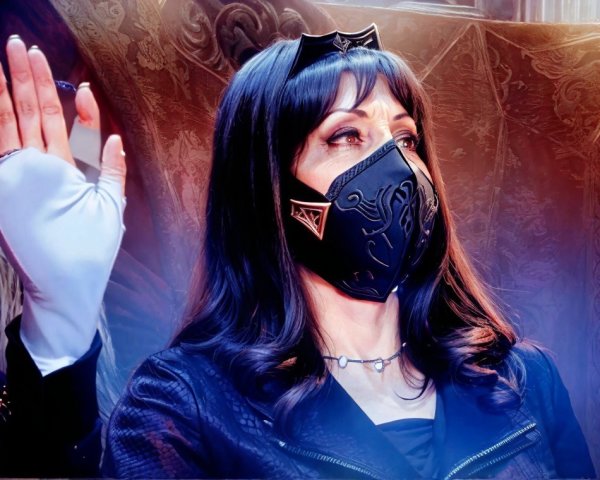 Woman in Black Mask with Elegant Jacket and Textured Background